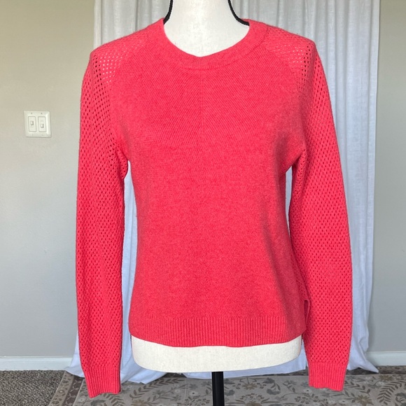 Margaret O’Leary Coral Red Cashmere Knit Sweater Open Knit Detail Size S